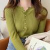 Women Long Sleeve Knitted Sweater Spring Autumn Button O Neck Inside Tight Knit Pullover Top
