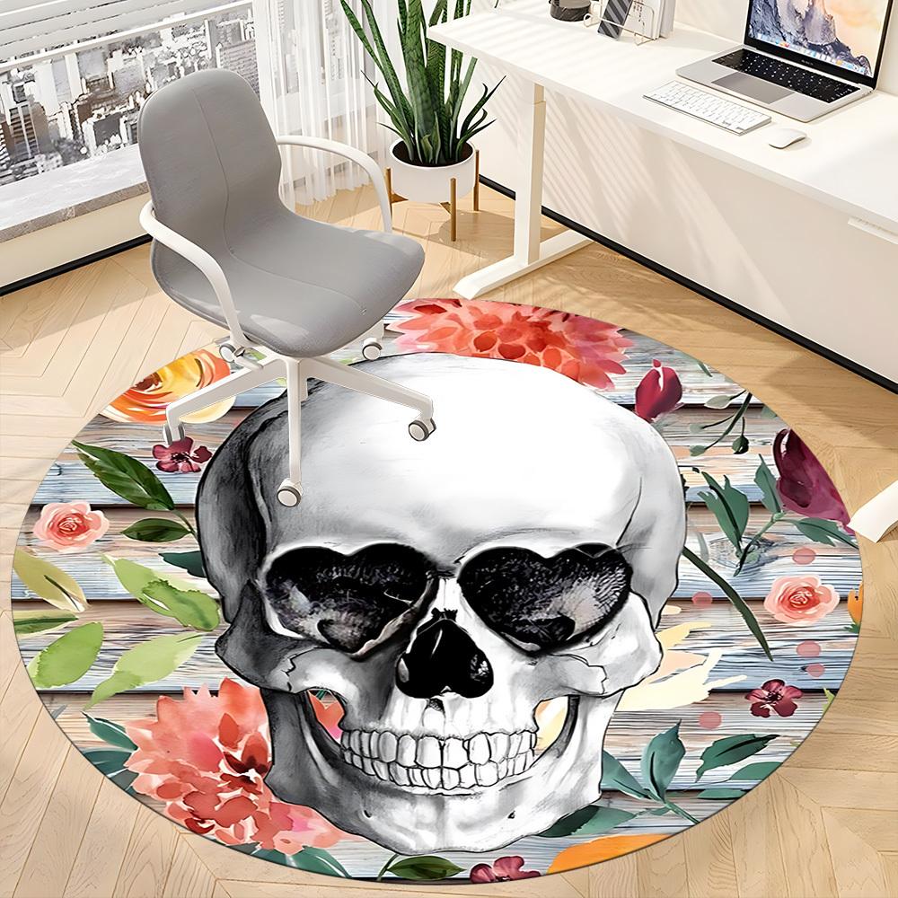1pc Skull Floral Decor Chair Carpet for Office, Round Polyester Mat, Indoor Decor for Office, Easycare Fabric, Washable Non-slip Area Carpet