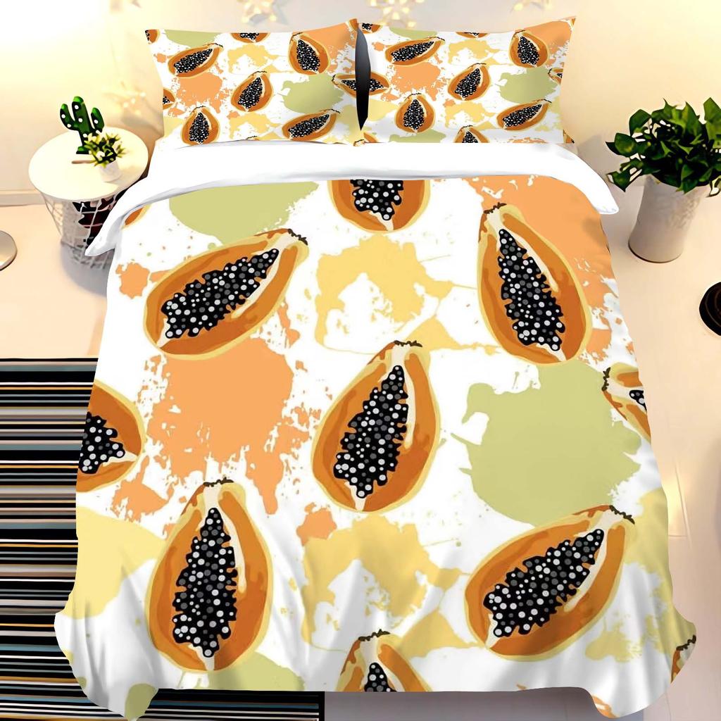 Cartoon All-Over Fruit Pattern Duvet Cover Set, HD Digital Print, Zipper Closure, 135x200cm Bedding Decor