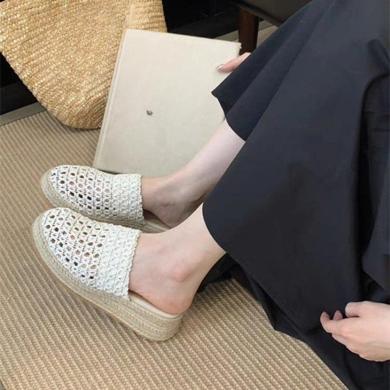 Platform Baotou Half Slippers Women Summer Outside Wear Summer Round Toe Woven Breathable Platform Wedge Slippers