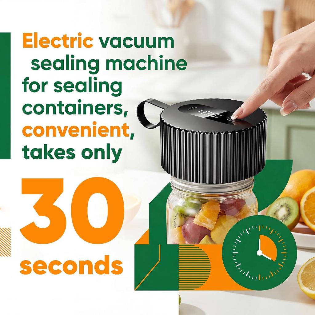 Electric Mason Jar Vacuum Sealer Kit, 3-in-1 Automatic Sealer for Wide & Regular Mouth Jars, Bags & Containers, Rechargeable One-Touch Preserver