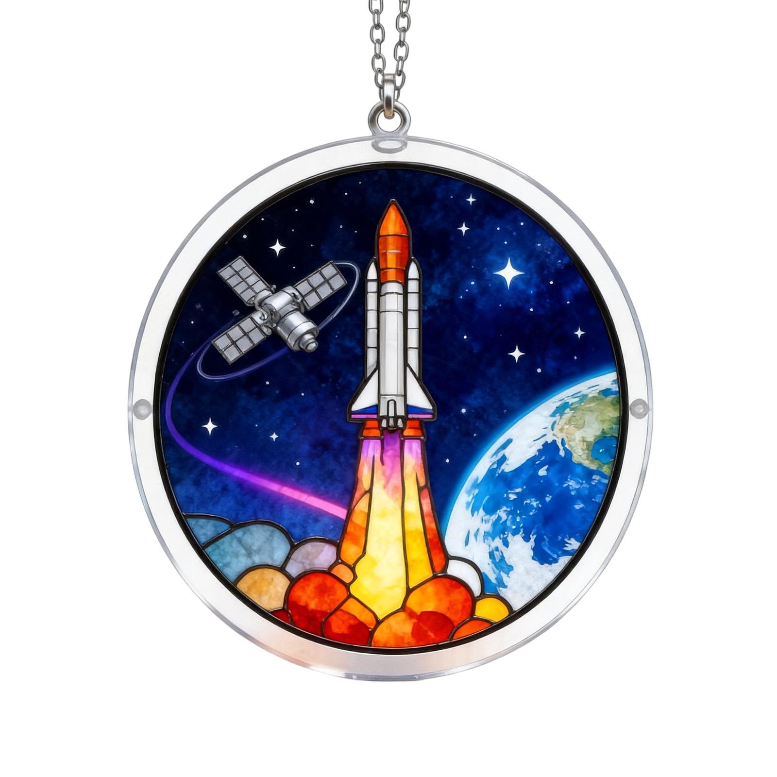 

2D Acrylic Puzzle Pendant Space Shuttle Satellite Design Round Shape Hanging Decoration for Home Office Car Accessories One Size