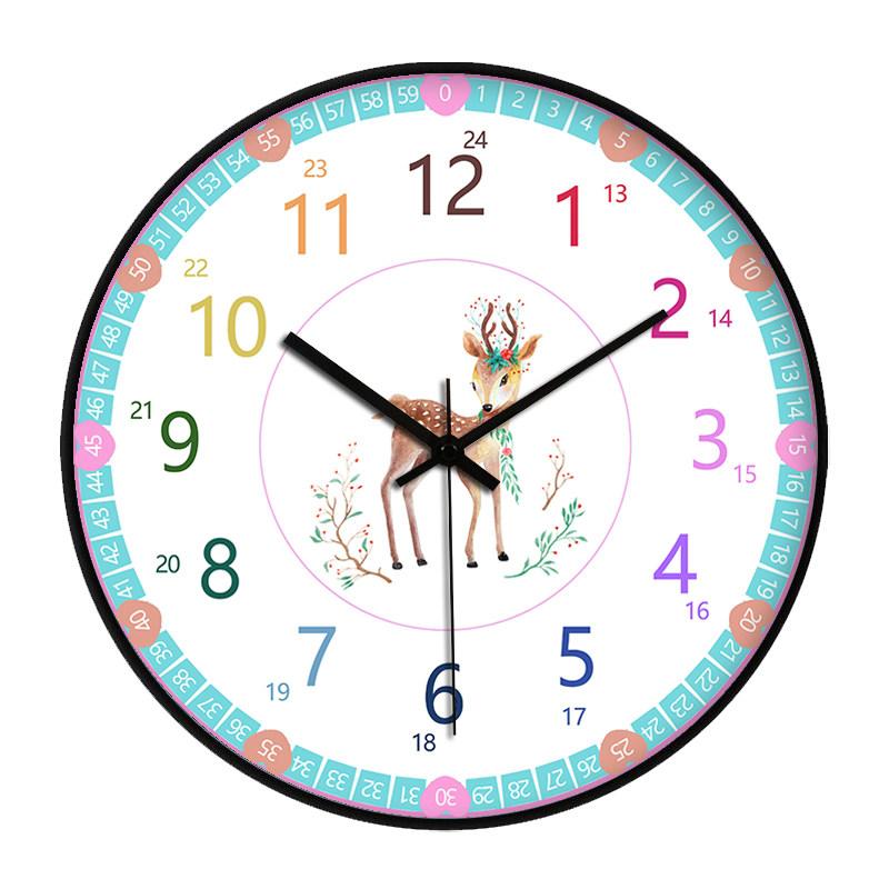 Stille Kinder Lern-Wanduhr Selbstdisziplin 24H & Minutenmarkierungen Niedliches Hirsch-Design Leicht lesbar für Kleinkinder Klassenzimmer