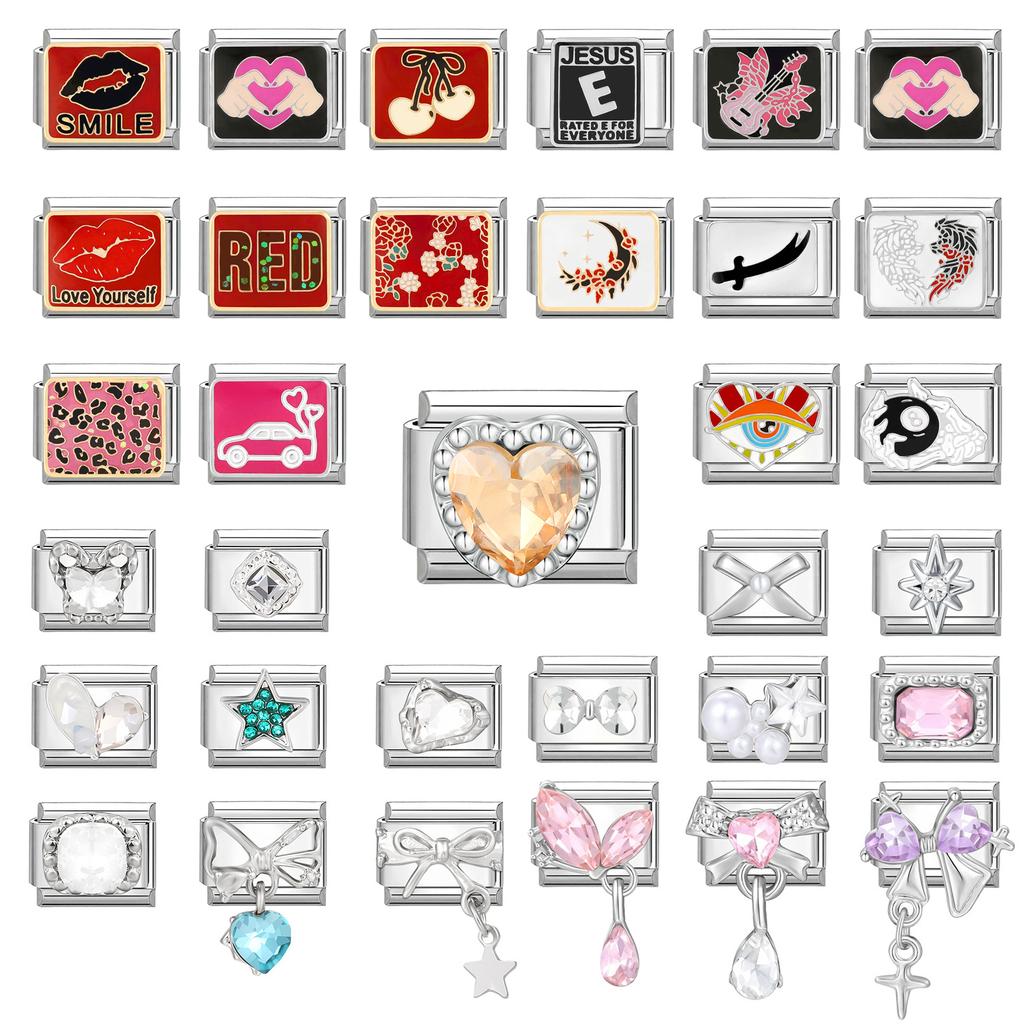 Y2K Romantic Heart Eyes Star Bow Knot Butterfly Zircon Charm Italian Links Fit 9mm Bracelet Stainless Steel Making DIY Jewelry