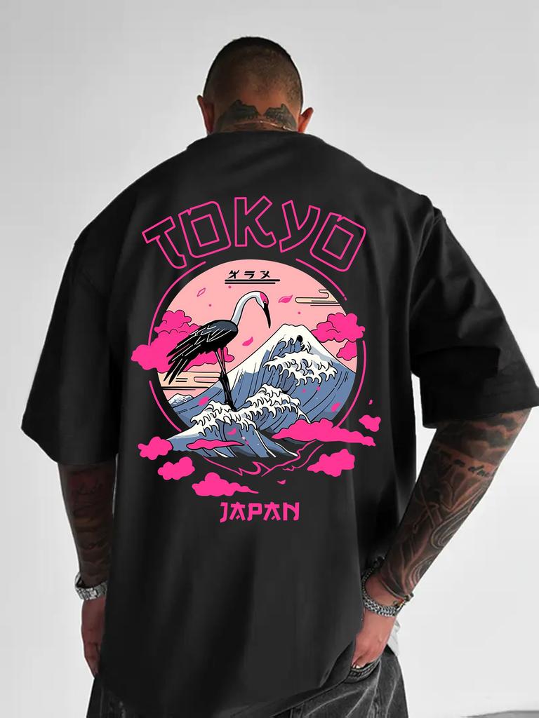Tokyo Japanese Tsuru Wave Print 100 Cotton Men Woment Tshirt Summer Autumn Daily Sports Party Casual Loose Street Short Sleeve