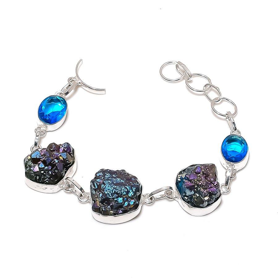 Natural Titanium Druzy, Topaz Gemstone 925 Sterling Silver Bracelet 7-8  ASB-3015