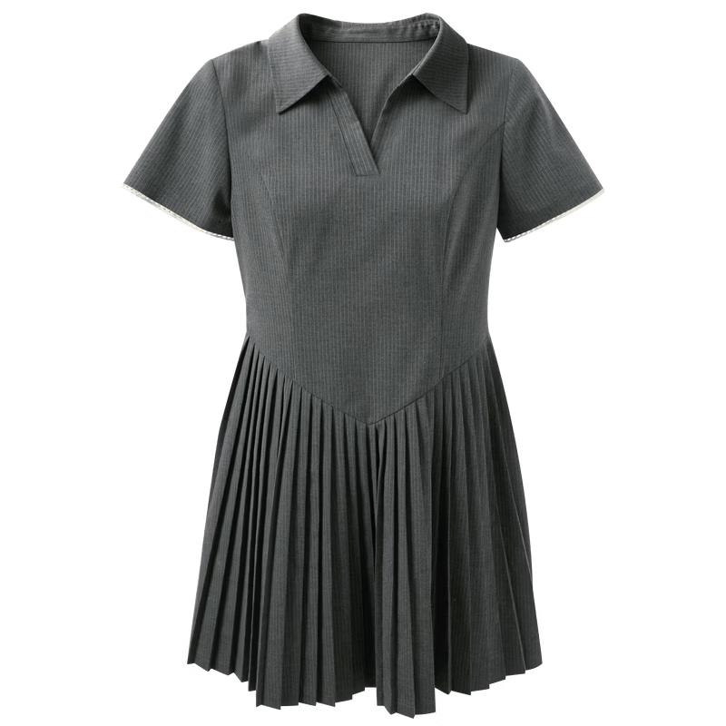 SanCai Women s Polo Collar Striped Pleated A-line Dress S