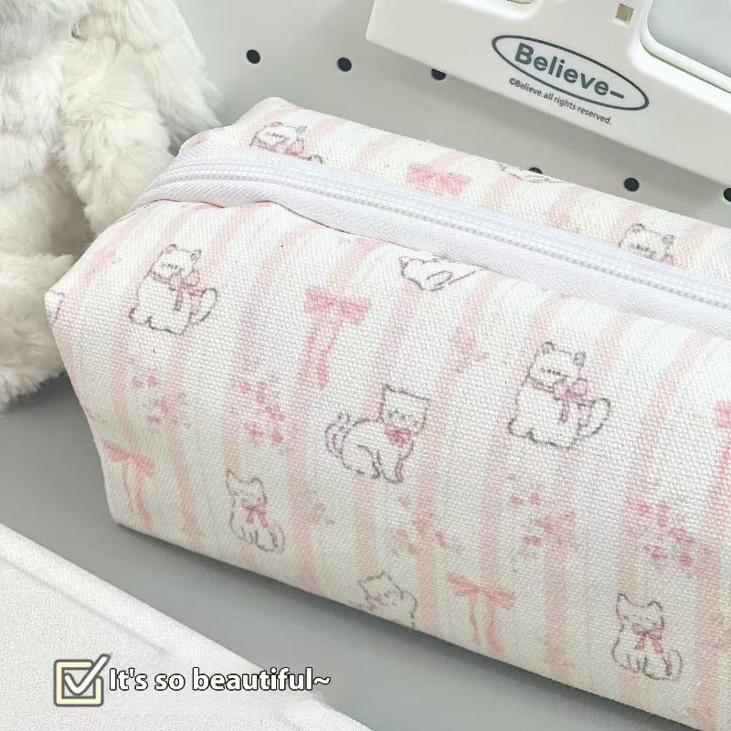 1Pcs Cartoon Bow Cat Pencil Pouch Large Capacity Pen Bag Stationery Storage Bag Small Makeup Bag School Office Supplies Gifts