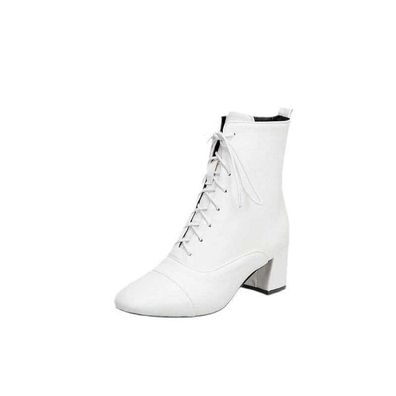 Lace-up short boots women's boots autumn versatile medium heel black British thick heel Martin boots autumn and winter Martin boots