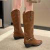Vintage Women Knee High Boots Fashion Pointed Toe Belt Buckle Cowboy Boots Autumn Winter Ladies Chunky Heel Knight Long Booties