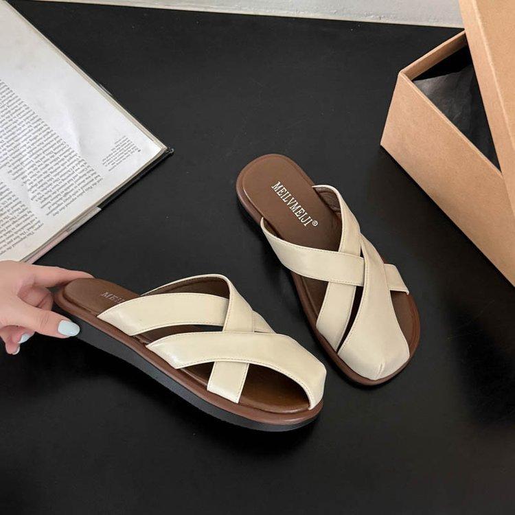 

Baotou half slippers women s 2025 summer new retro lazy one-pedal outer wear flat-bottomed casual woven cool slippers 40 бежевый