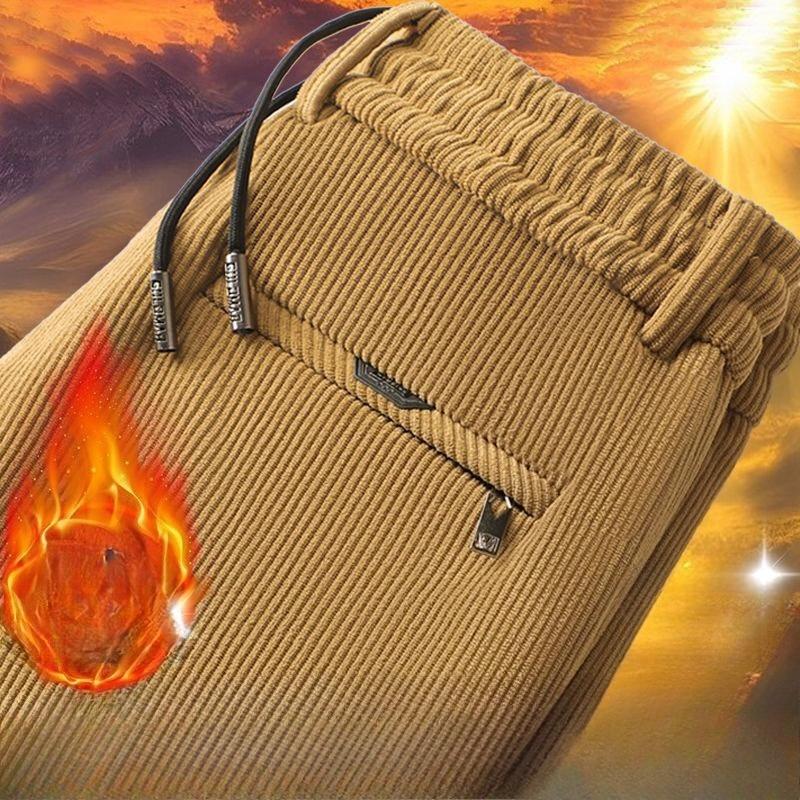 Men's Autumn Winter Fleece Lined Thickened Corduroy Casual Straight Leg Pants Loose Striped Long Pants for Middle-Aged Men