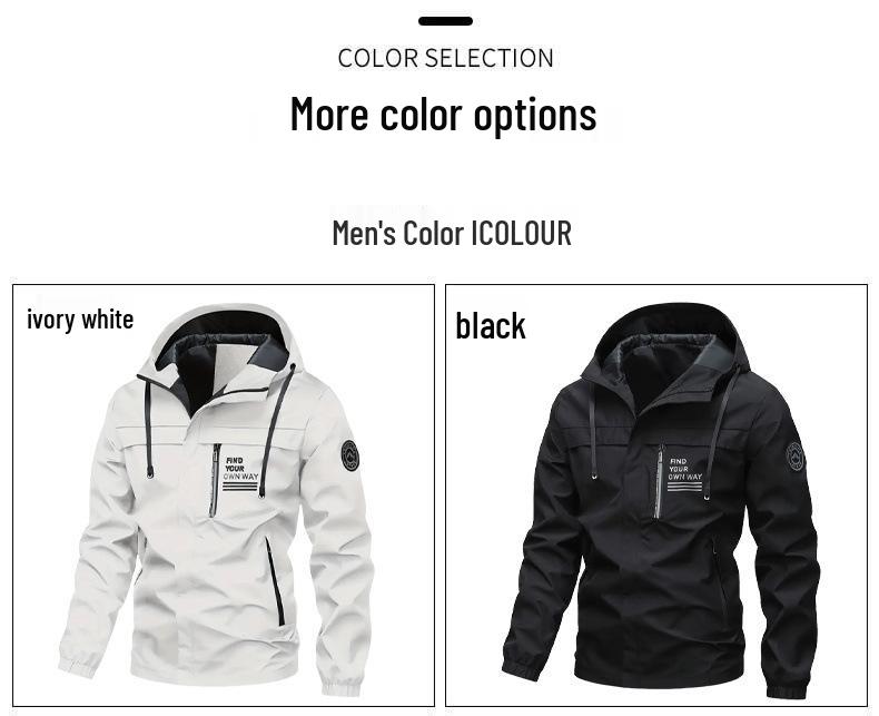Men's Outdoor Windbreaker Jacket - Fleece Lined Hooded Coat for Autumn/Winter, Solid Color