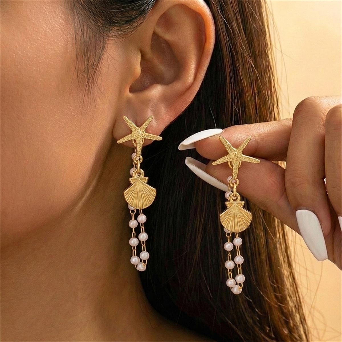 

Bohemian Starfish Shell Imitation Pearl Tassel Dangle Earrings For Women Men Elegant Sea Star Drop Earring Summer Beach Jewelry
