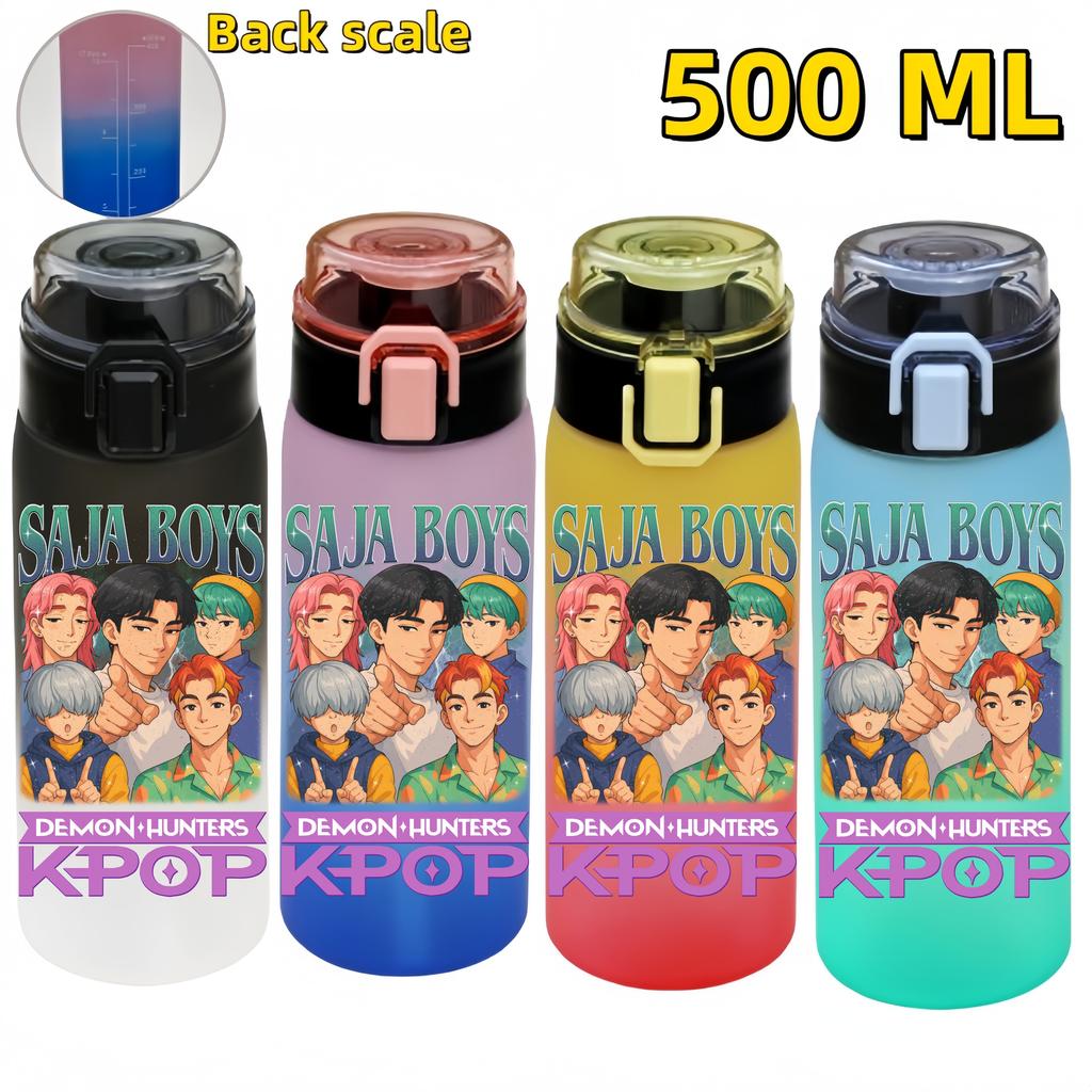 KPop Demon Hunters Sports Water Bottle Portable Leak Proof Plastic Cup Level Line Outdoor Fitness 500ML with for Kid Friendly Entertaining Fun Play
