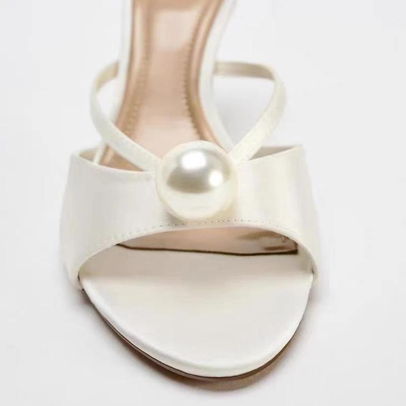 Fashion Luxury String Bead Brand Designer Slippers Women High Quality Satin Narrow Band Slide Sandals Elegant Open-toe Party Dress Shoes