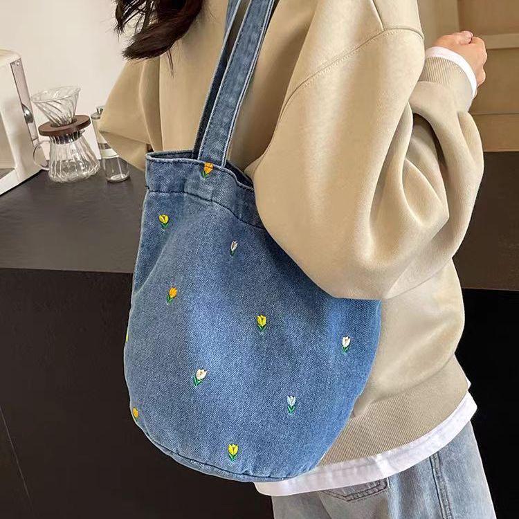 Japanese Style Denim Print Bucket Bag - Large Capacity Women's Tote for Shopping and Commuting