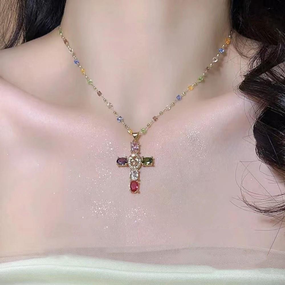 Colorful Zircon Beads Necklaces Crystal Beaded Clavicle Chain Cross Pendant Necklace  Beaded