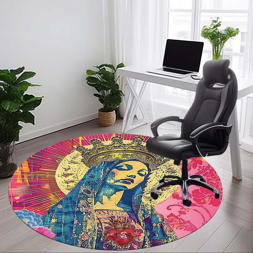 1pc Virgin Mary Print Carpet, Round Non Slip Durable Large Size Office Carpet, Suitable for Office