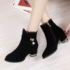 Fashion Black Fleece-Lined Women's Ankle Boots Elegant with Medium Heels Female Short Shoes Autumn Winter Rhinestone Goth Chic Booties
