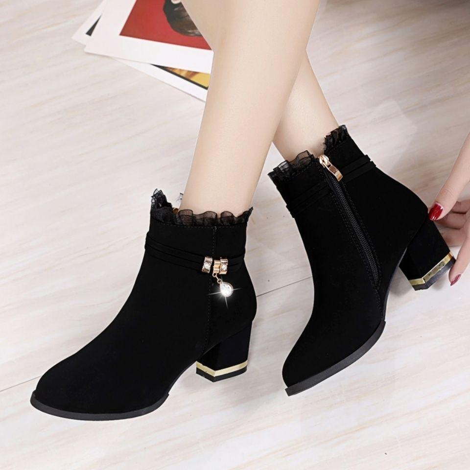 Fashion Black Fleece-Lined Women's Ankle Boots Elegant with Medium Heels Female Short Shoes Autumn Winter Rhinestone Goth Chic Booties