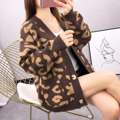 Nueva Otoño Invierno suéter de gran tamaño cárdigan de leopardo Casual suelto femenino tejido con cuello en V Jumper otoño ropa de mujer C-221