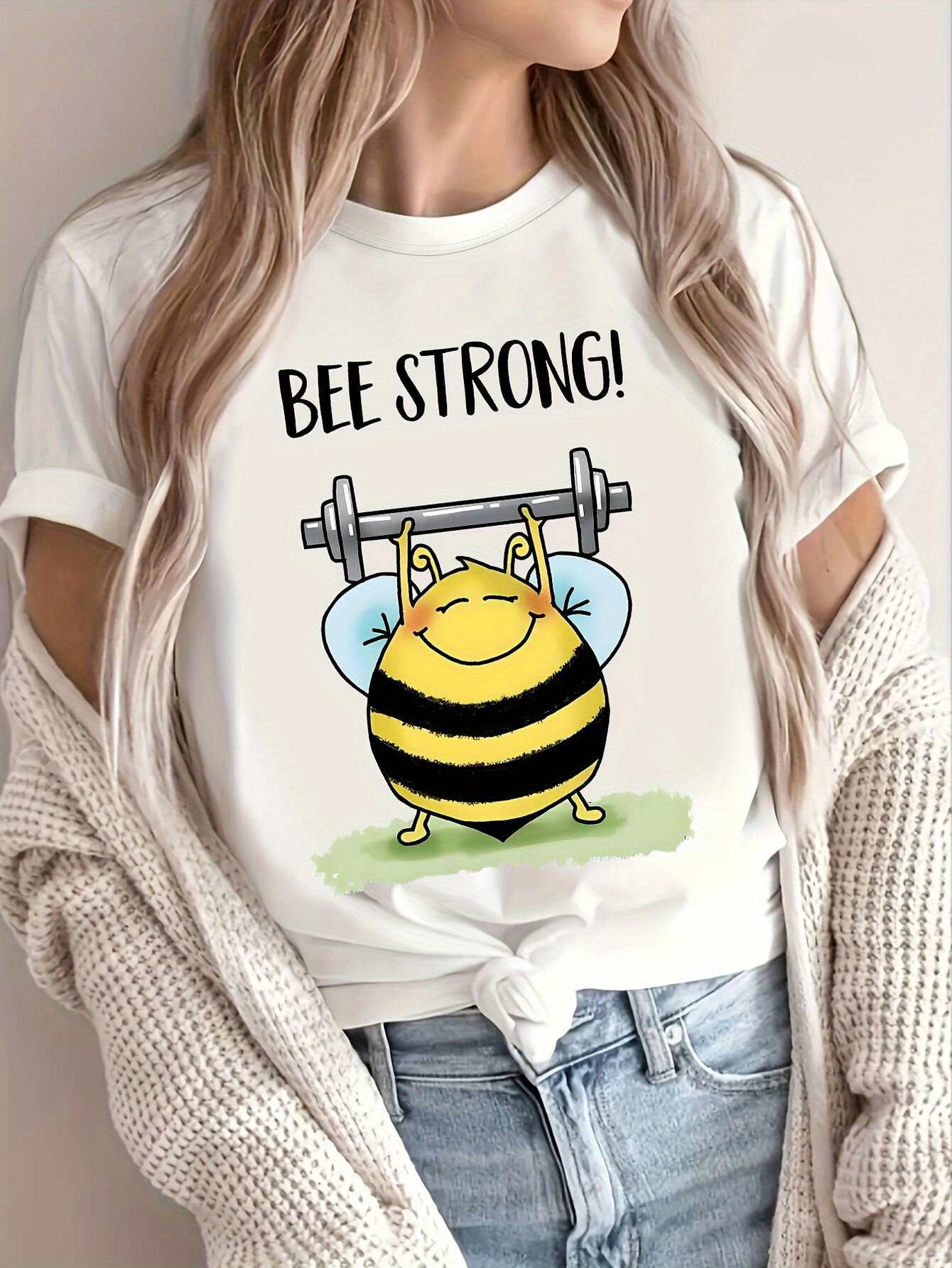 

New Round Neck Short Sleeves Tshirt for Outdoor Leisure Sports Summer Funny Bee Fitness Pattern Printed Women Casual Top Cotton S