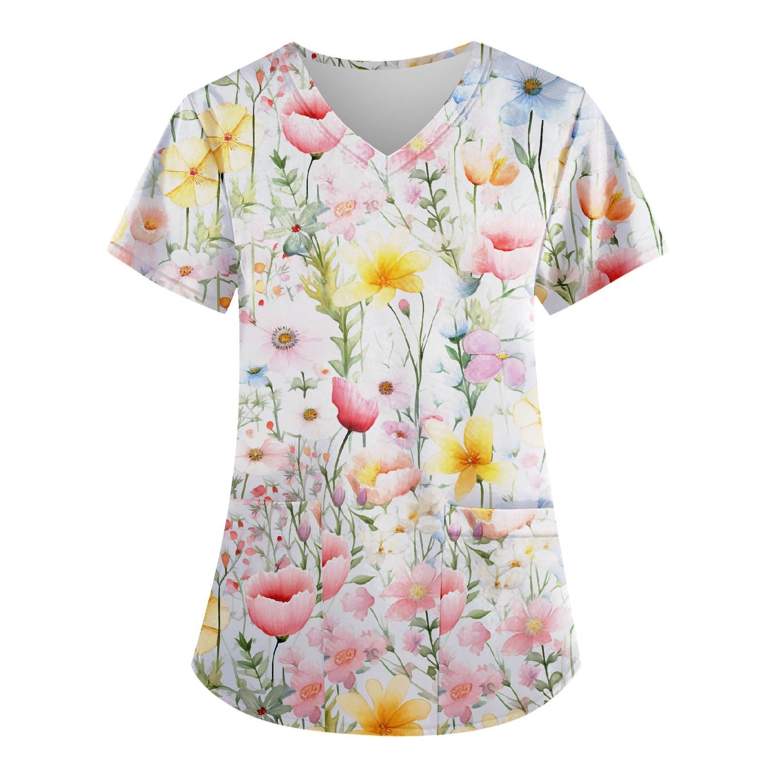 

Рабочая форма больших размеров с принтом, топы для женщин, забавные футболки с короткими рукавами и v-образным вырезом с принтом, рабочая одежда, футболка с карманами L розовый