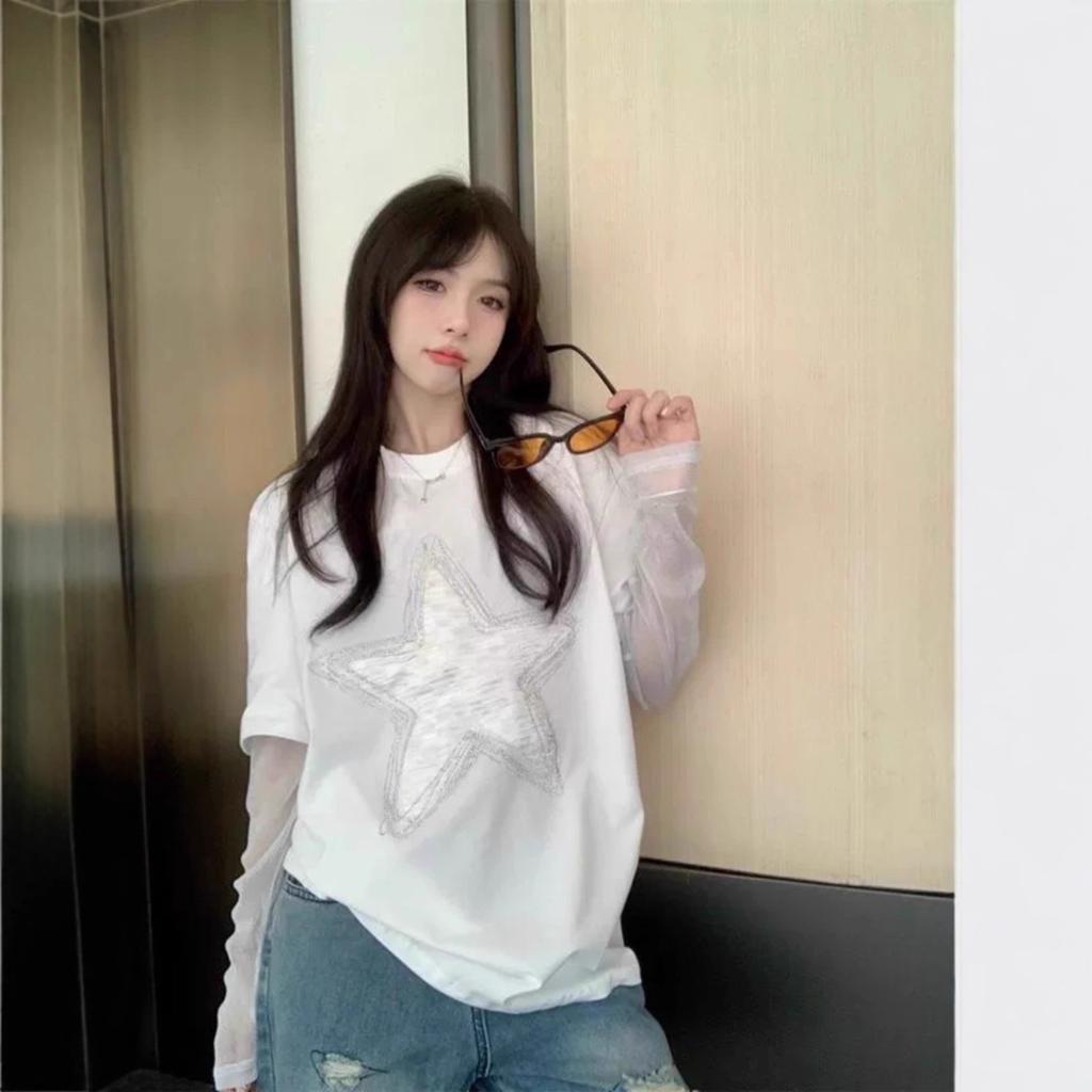 Harajuku Women Clothing Chic Tshirts Patchwork Fake Two Tees Y2k Tops Star Long Sleeve Casual Korean Oversized T-shirt