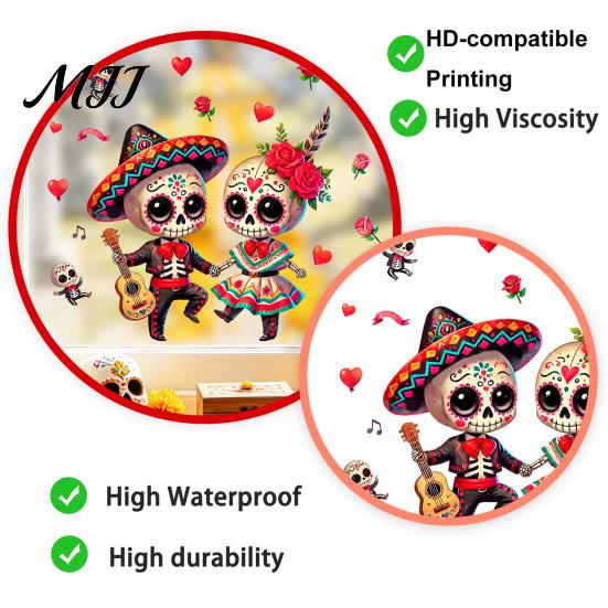 Mexican Skeleton Decals for Glass Halloween Cartoon Couple Window Stickers, Waterproof PVC Day of The Dead Static Decals, Traditional Style