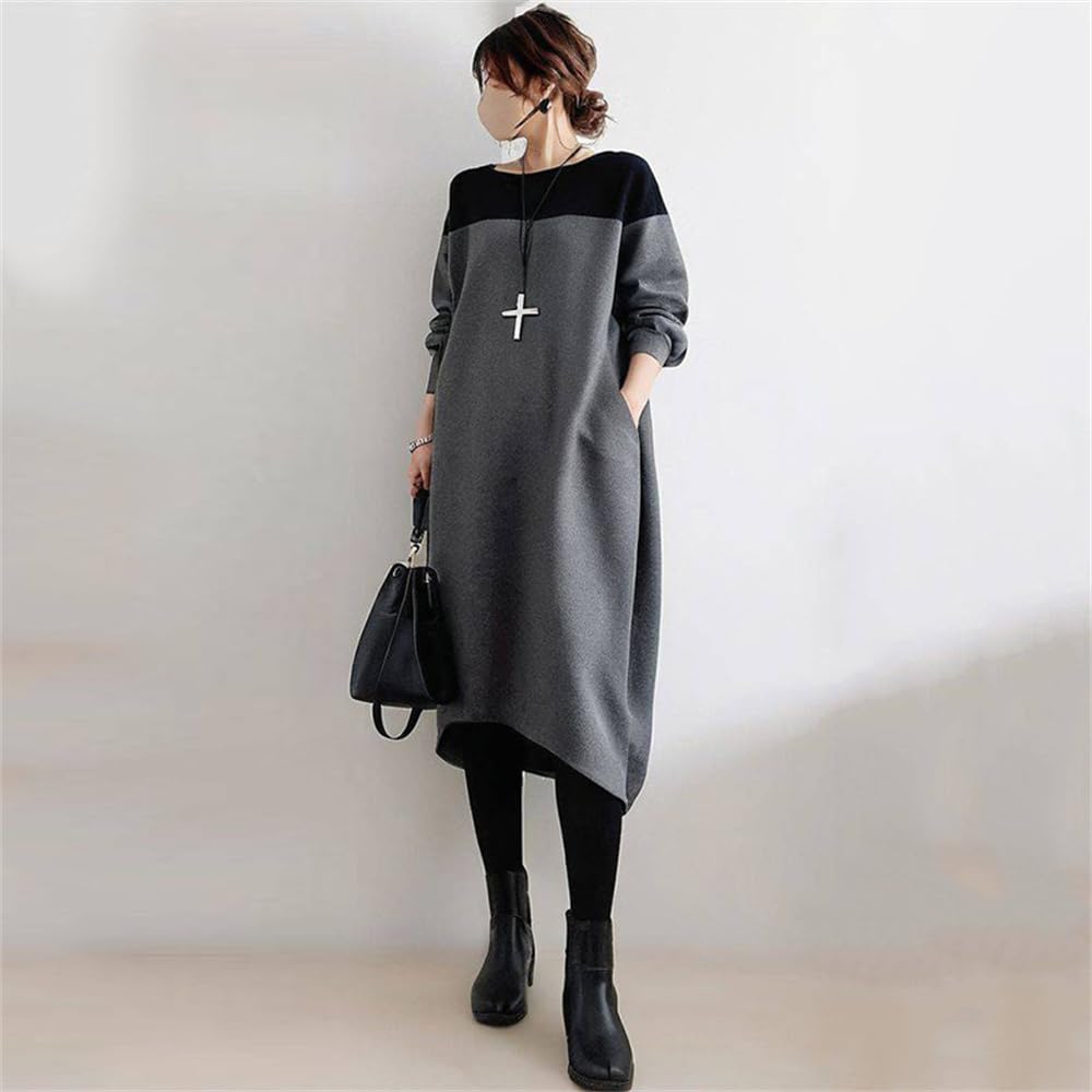 Long Sleeve Dress with Contrast Perfect for and Casual Fall and Relaxed and Stylish [kisetsumate] Women's Patterns, Spring, Resorts, Wear, Winter,