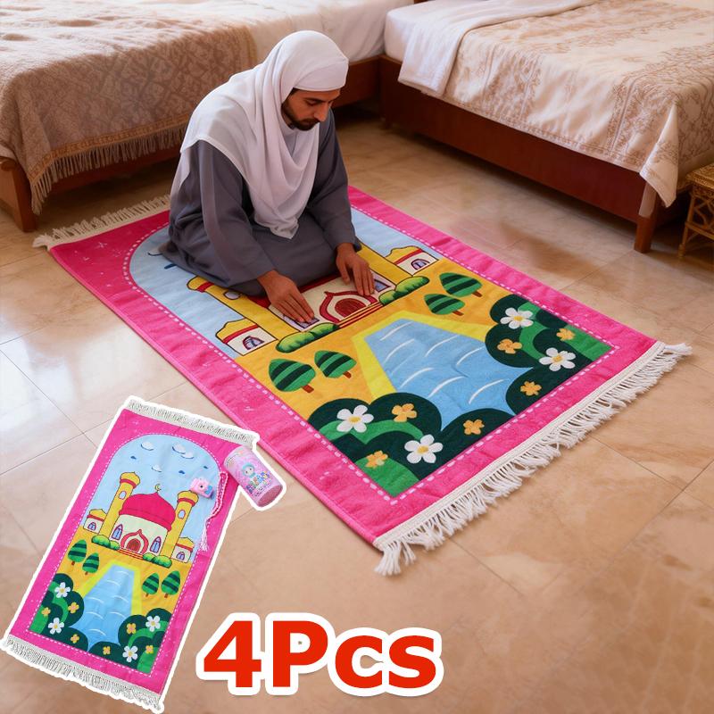 4pcs Gift Box Daily Muslim Prayer Rug Set Home Cartoon Printed Portable Islamic Prayer Mat Outdoor Tasbih Prayer Beads Party