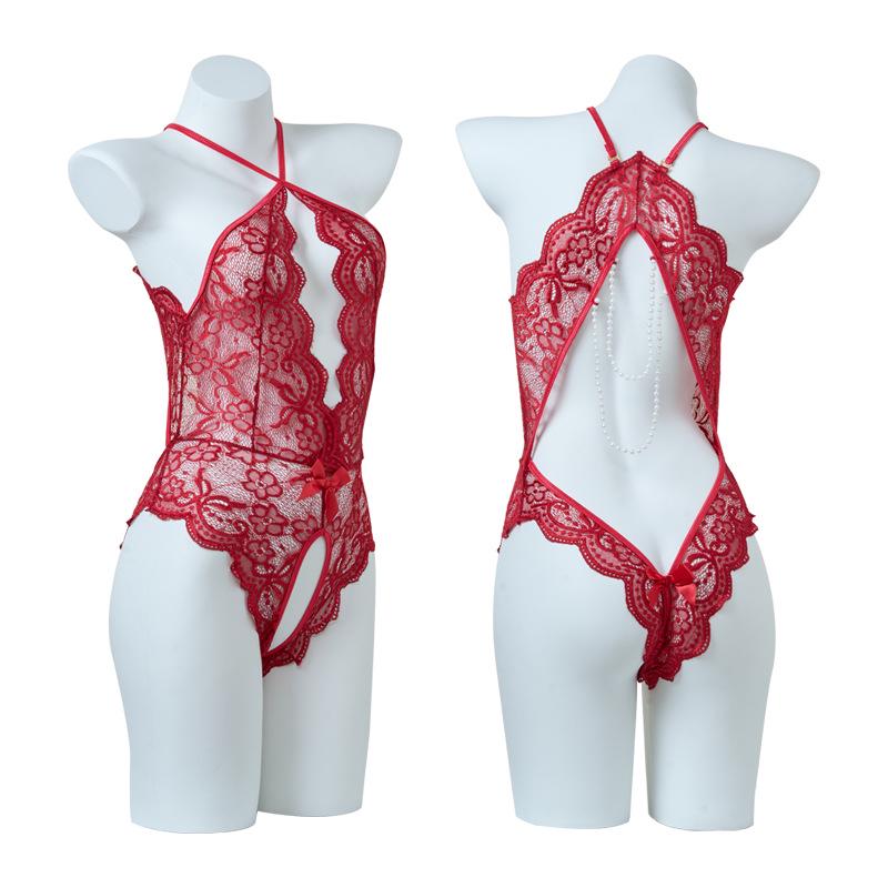 Women's Open Crotch See-Through Lace Bodysuit with Pearl Detail