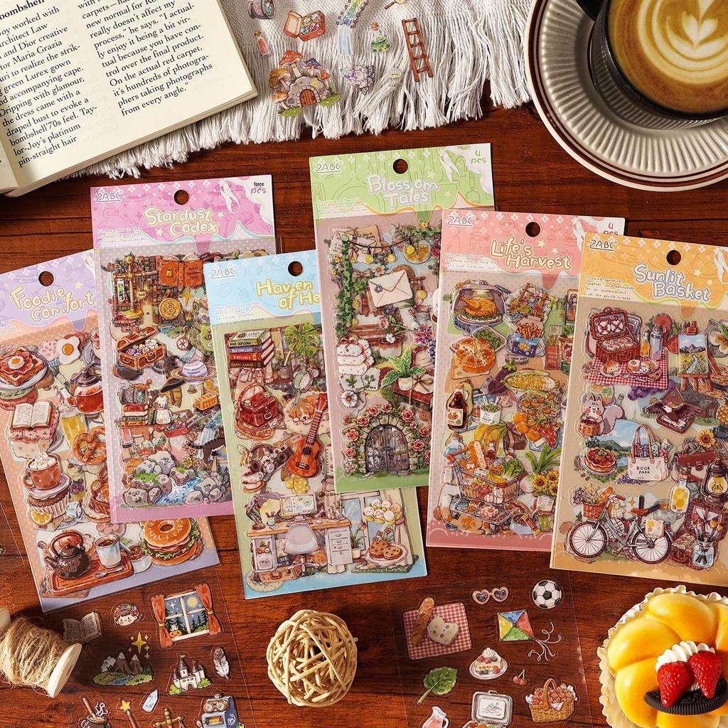 ZABC Die-cut PET Sticker Sheets: Life & Food Theme Happiness Guide Series (4 Sheets Included)