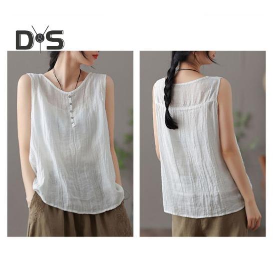 Dámská letní vesta s kulatým výstřihem, bez rukávů, s knoflíkovou ozdobou, tílka jednobarevná, volného střihu, tenká, tílko, streetové oblečení