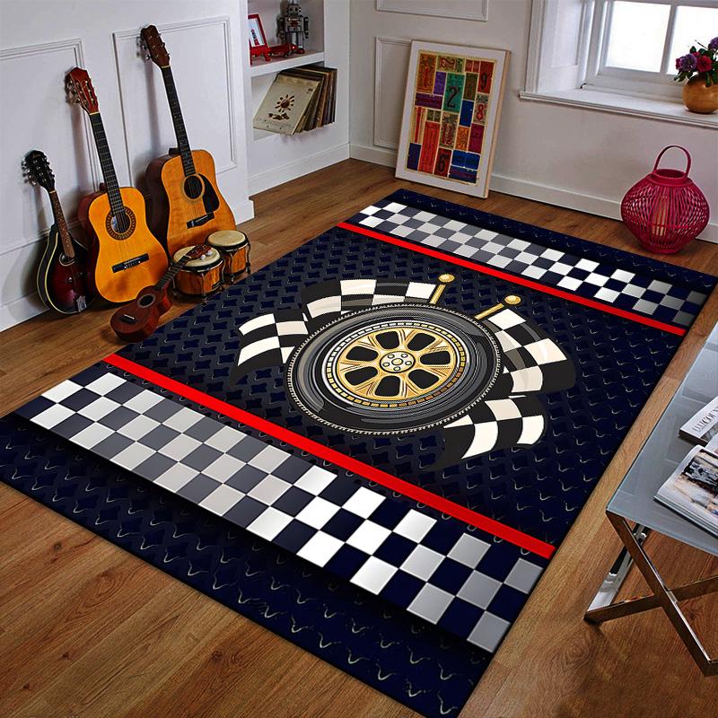 "Racing Wheel with Checkered Flags" Patterned carpet a non slip rug suitable for all seasons and any setting, gift