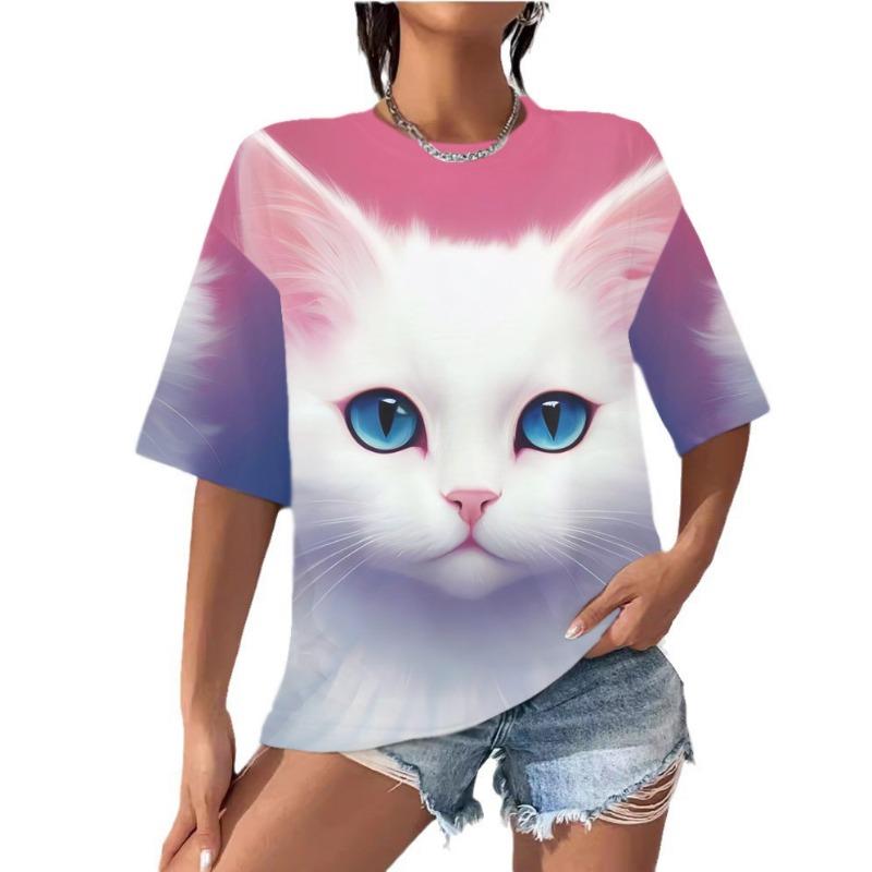 Summer Women's T-shirt with Digital Printing Cute Cat Short Sleeved Round Neck Top T-Shirts Women’s