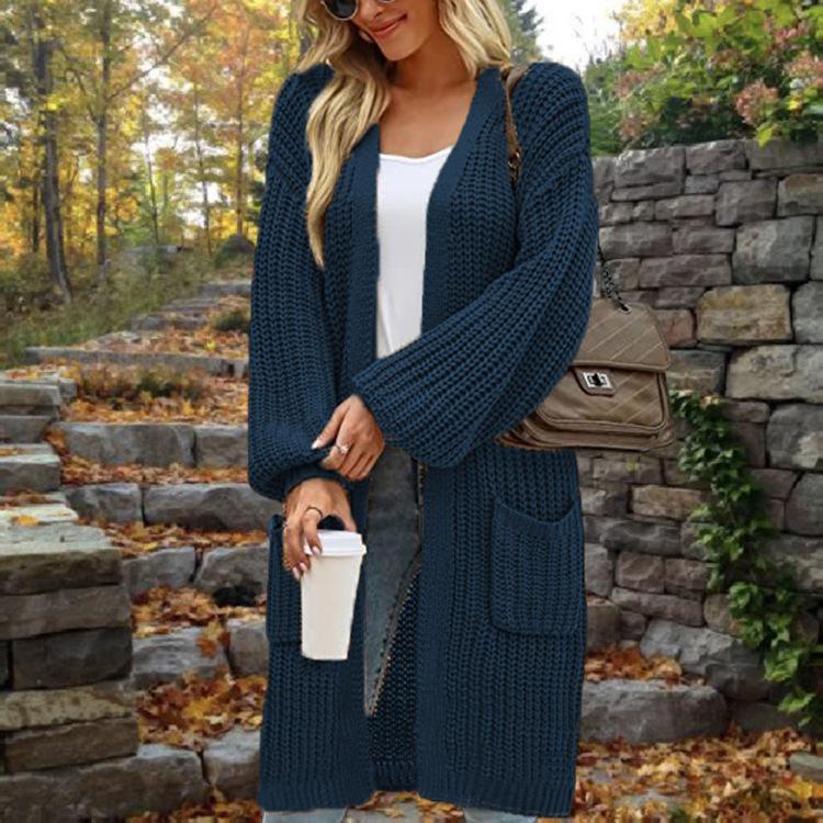 Solid Color Women's Knitted Mid-length Cardigan with Pockets