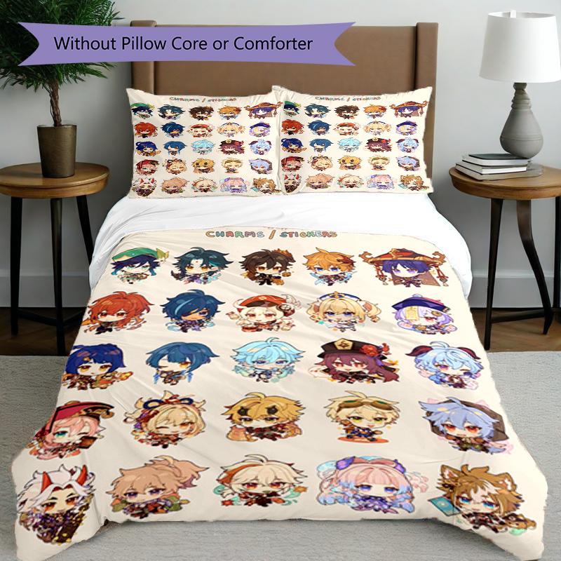 3pcs Duvet Cover Set (1*Duvet Cover + 2*Pillowcase, Without Core), Genshin Impact Print Bedding Set, Bedroom Decor, All‑Season, Birthday Gift