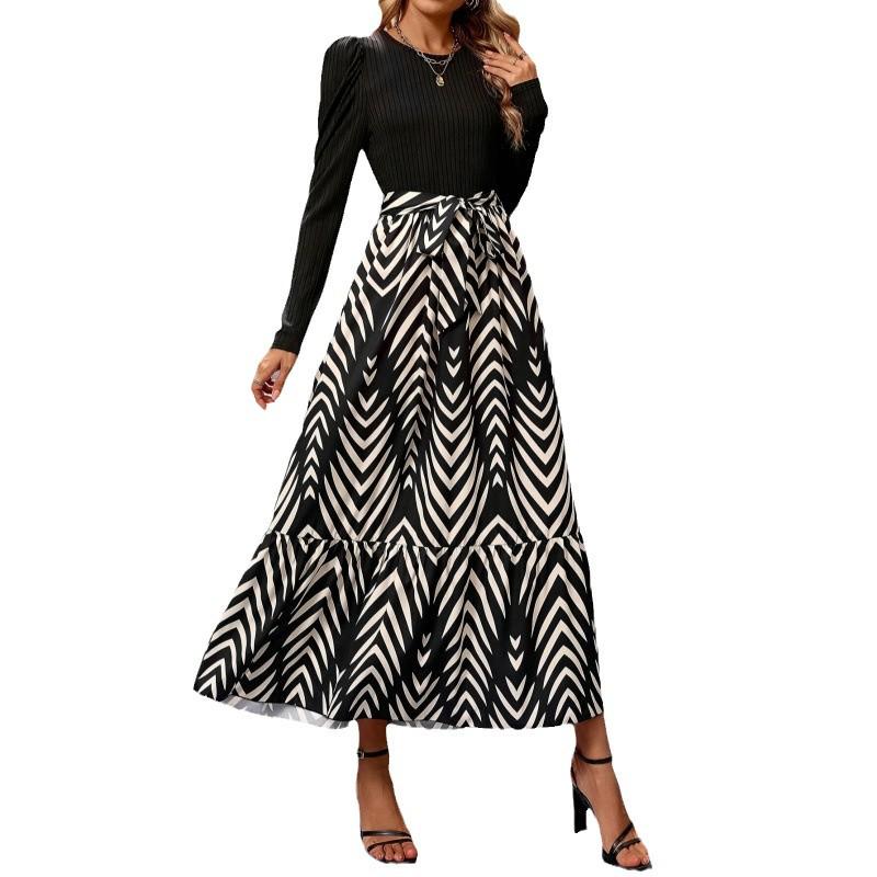 2024 A-Linien Taillenbetonendes Patchwork Langarm Elegantes Kleid für Frühling und Herbst