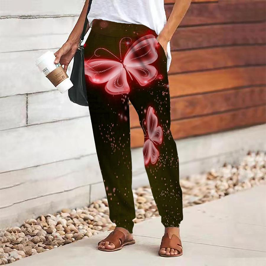 Women Butterfly Printing Pants Lace Up Elastic Waist Loose  Trousers Casual Long Pants Trousers with Pockets