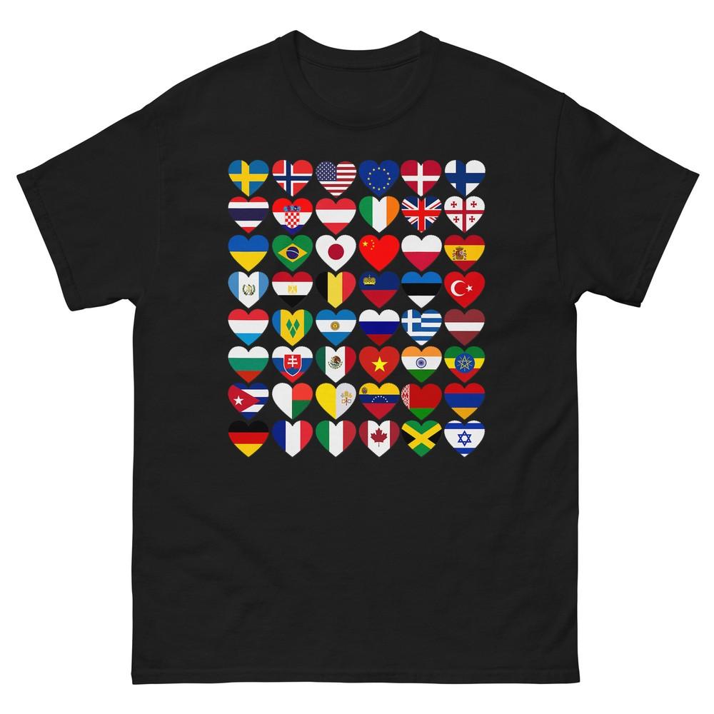 Hearts Flags World Countries Print T-shirt