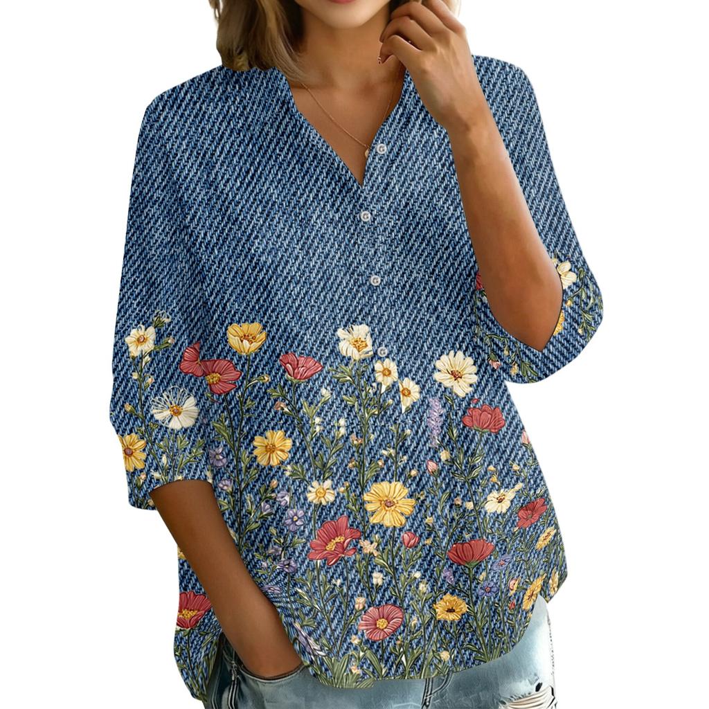 Women's Button Front Shirt Vintage Floral Print Three Quarter Sleeve Loose Fit Collar Top Casual Blouse