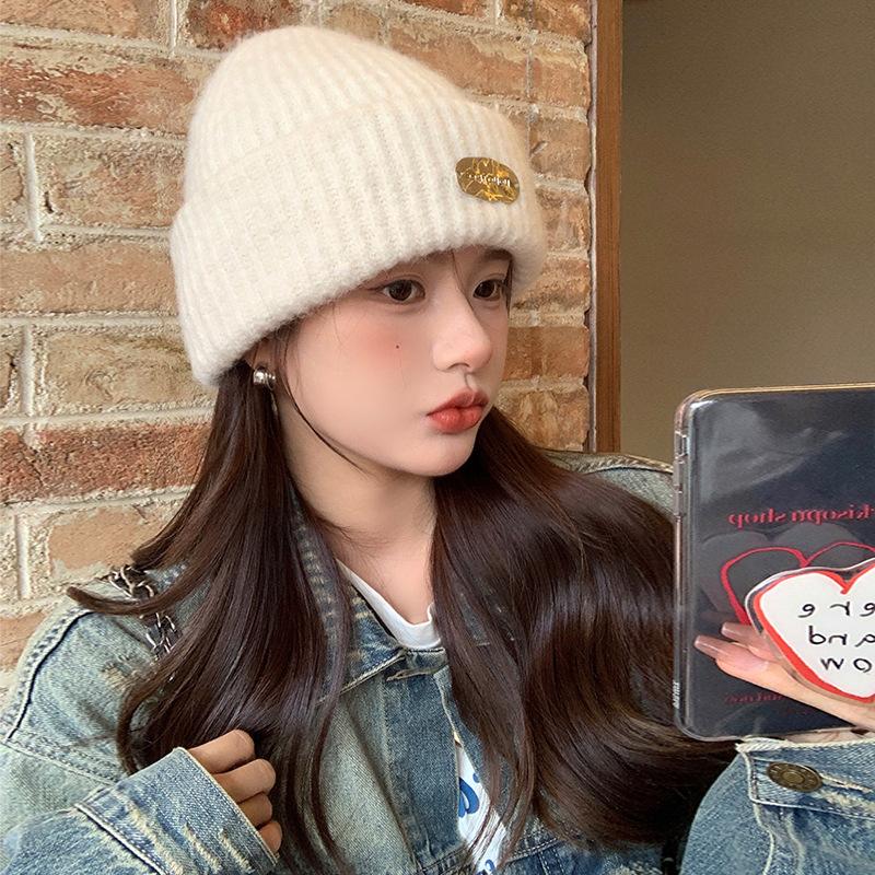 Big Head Circumference Thick Wool Hat Women's Autumn and Winter Loose Warm Cold Hat Ear Protection Show Face Small Beige Knitted Hat