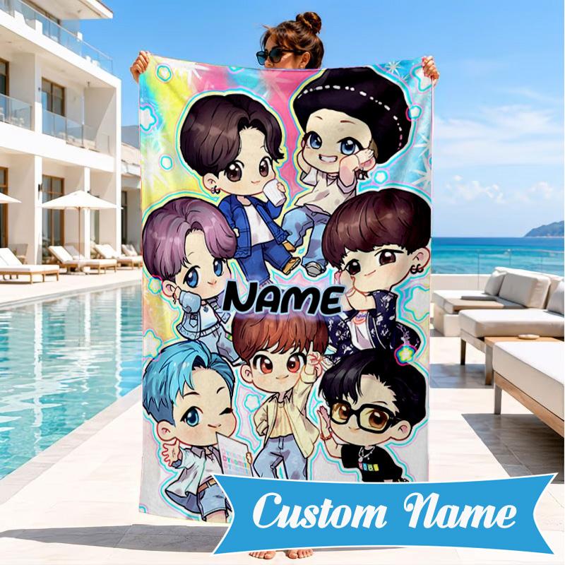 Custom Name K-pop BTS Artwork Characters Beach Towel Microfiber Beach Towel, Lightweight and Quick-Dry, for Summer Travel, Swimming Pool Gift