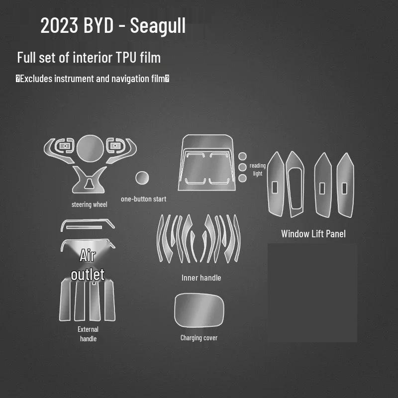 25-Modell BYD Seagull Innenraum Armaturenbrett, Navigationsbildschirm & Schalthebel HD Schutz-TPU-Folie.