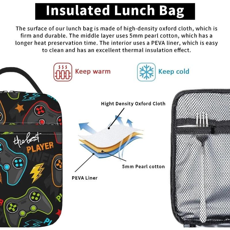Video Game Controller Insulated Lunch Bag Reusable Lunch Box Portable Thermal Bento Tote for Adults Kids Work School Picnic