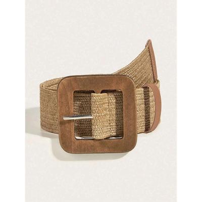 1pc Women Square Wooden Buckle Boho Straw Belt For Daily Decoration Weave Detail Women Belt Girdle For Dress For Summer