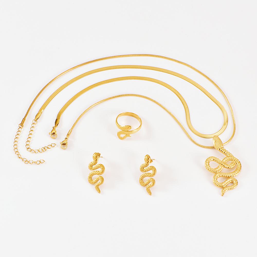 Stainless Steel Snake Jewelry Set: Retro-Style Necklace, Earrings, and Ring.