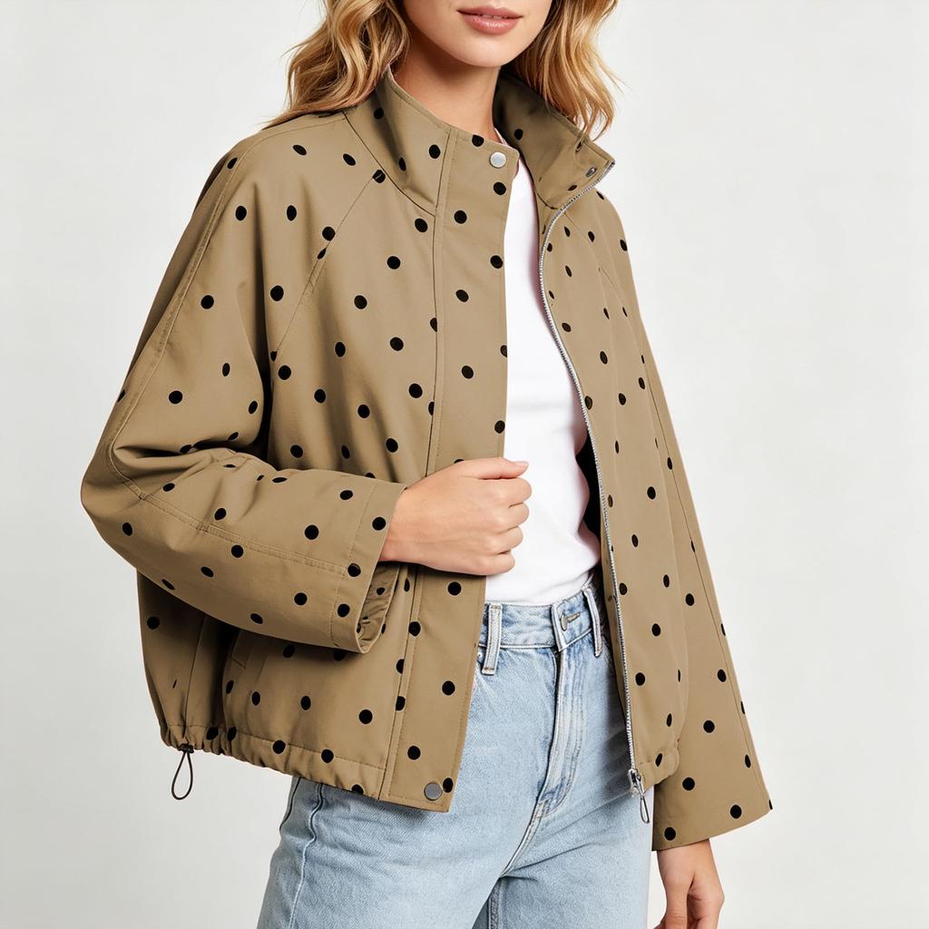 Giacca Casual da Donna a Pois con Collo Alto e, Capo Esterno Versatile dalla Vestibilità Larga